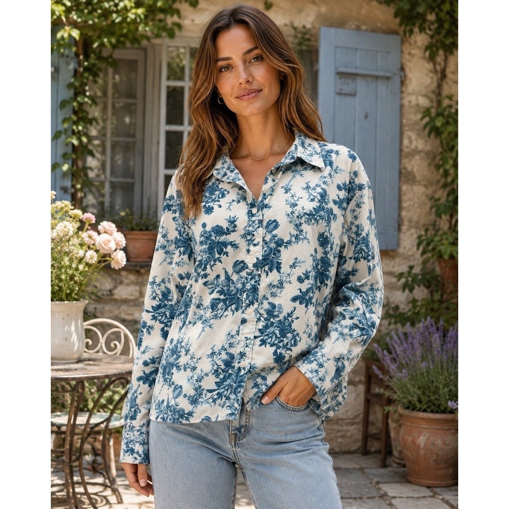 Gap x LoveShackFancy Blue Floral Toile Organic Cotton Cropped Shirt L